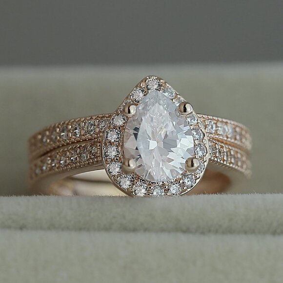 Jewelry - 💎 Elegant Beautiful Pear Micro Pave Water Drop Rose Gold Ring Set Women, VIP393